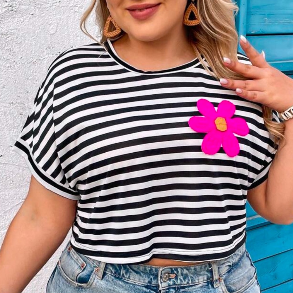 Shrine Striped Black and White Crop Top with Pink Flower 4x